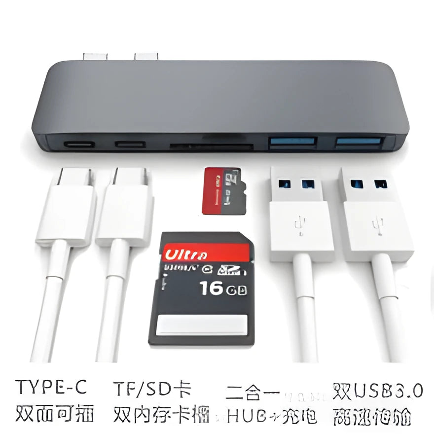 USB-C hub 109x33x10mm with dual Type-C, two USB 3.0 ports, SD and Micro SD slots, grey or silver
