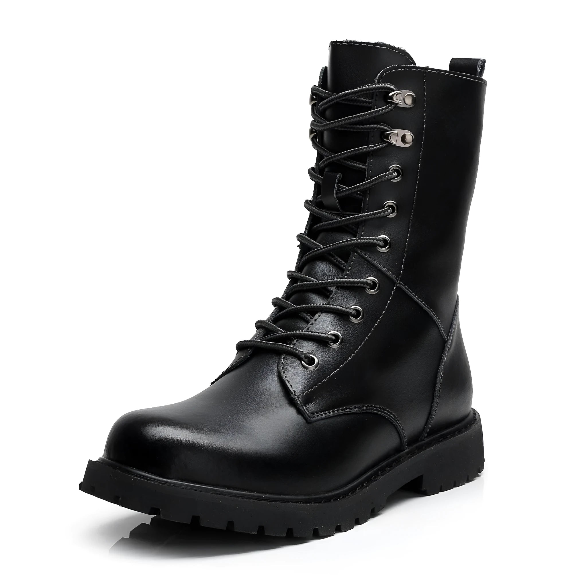 Winter high top men's leather military boots with fleece lining and front tie closure in black and brown