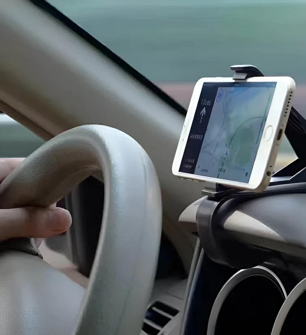 Black G-40 car bracket for mobile phone, shown for steering wheel, instrument panel, or workbench use