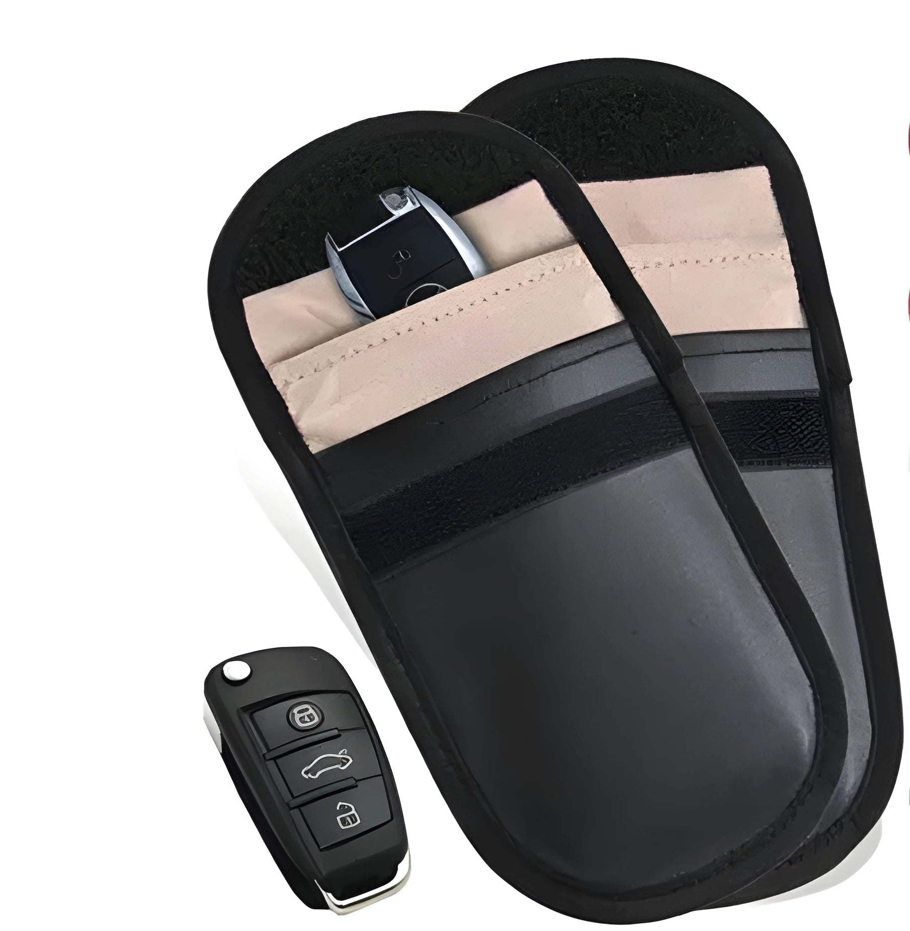 Black signal blocking pouch for car key fob protection measuring 20x10cm