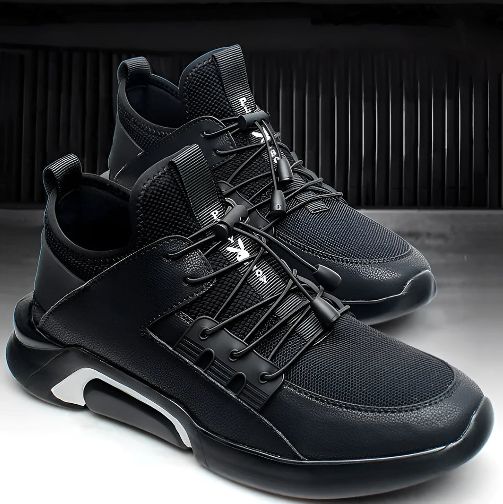 Men's black breathable mesh running shoes with non-slip PU sole, low heel, side view