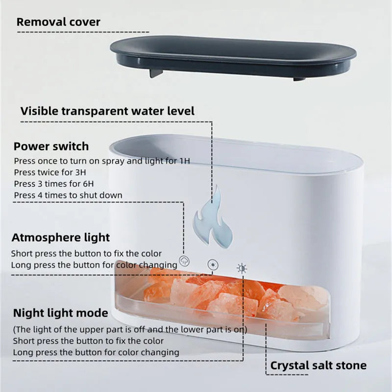 Square desktop flame humidifier with crystal salt stone and colourful atmosphere lighting