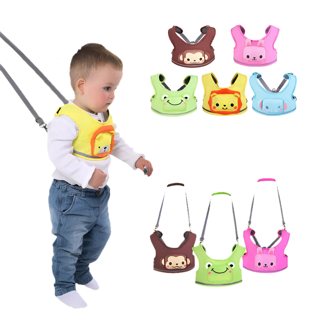 Toddler walking harness with adjustable strap in pink, yellow, green, blue, or brown, 20kg capacity