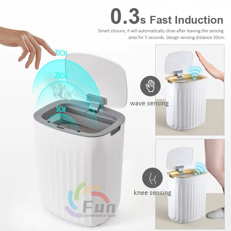 White smart dustbin with automatic sensor lid open, showing 16L capacity.