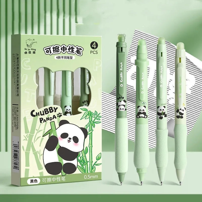 Erasable cartoon press gel pen with 0.5mm tip showing Aerospace and Panda design options.