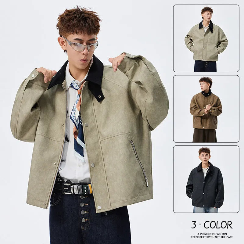 Large size men's PU leather coat with polo collar, available in black, khaki, and caramel, sizes M to 8XL
