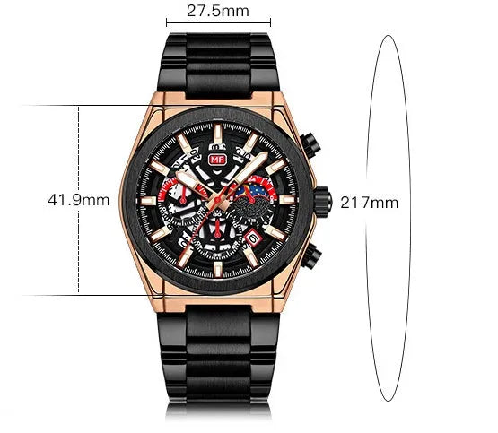 Men's business watch with quartz movement, luminous dial, calendar, 35.5mm diameter, and 30M waterproof rating
