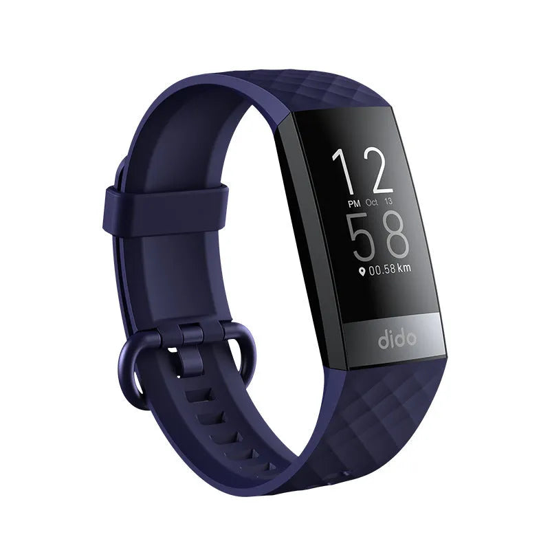 Black smart health bracelet with a 1.1-inch screen displaying heart rate and blood oxygen data on a wrist.