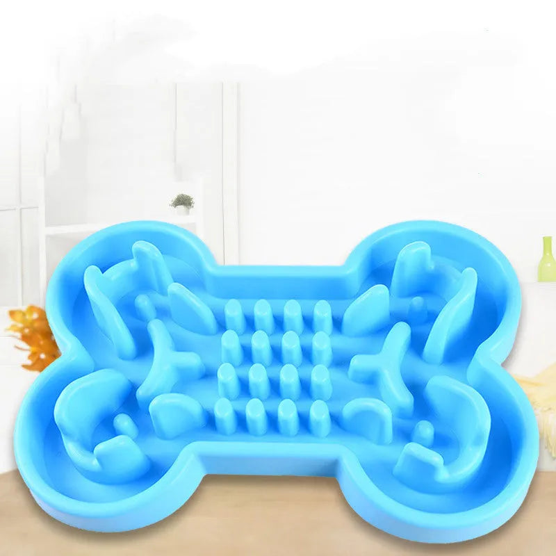 Bone puzzle silicone dog bowl slow feeder in blue with raised ridges for interactive feeding