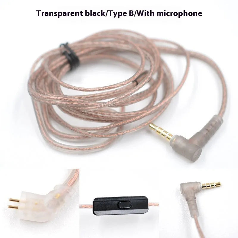 KZ high purity oxygen-free copper double pin earphone replacement cable in transparent black, Type B or Type C with or without wheat