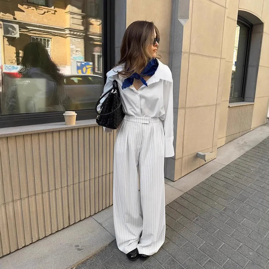 White striped loose casual wide-leg trousers with zipper detail for commuting