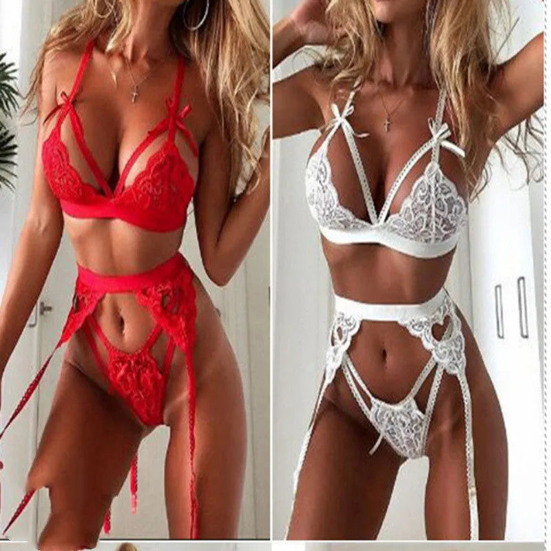 Red and white lace lingerie set for women, cute girl cosplay style.