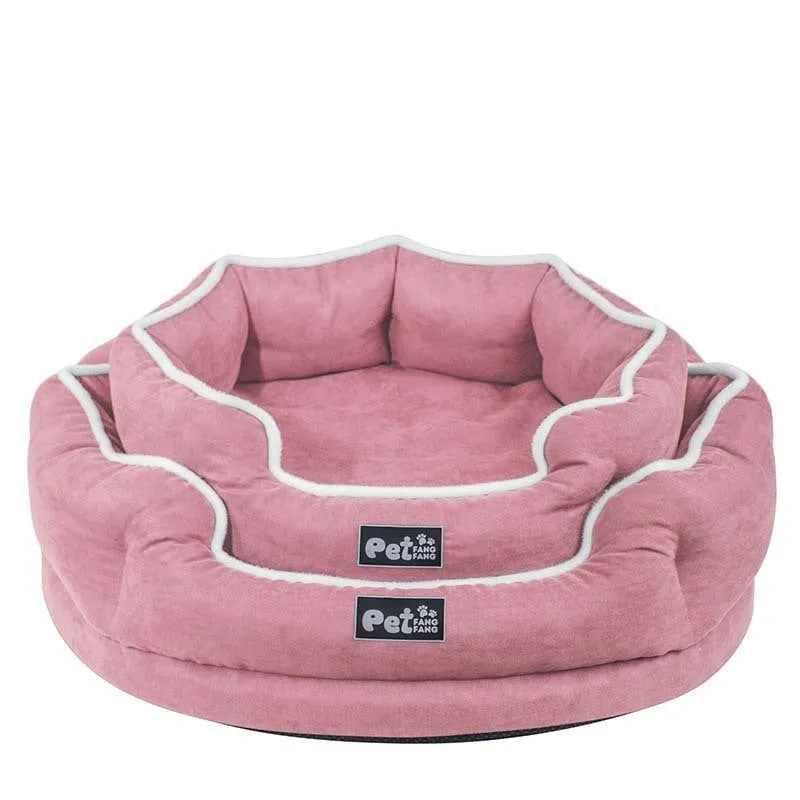 Blue memory foam pet cushion on floor with dog sitting on it, size L option shown