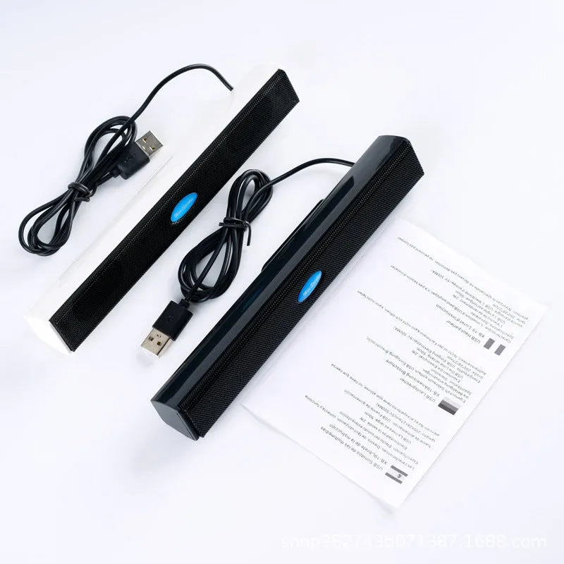 Black USB wired mini speaker for laptop computer with 200x28x27mm size and 900mm cable on a desk
