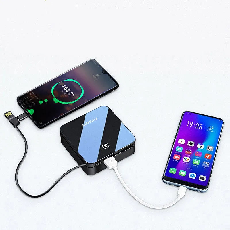 20000mAh black polymer power bank with built-in cable and screen display, 87x87x33mm size