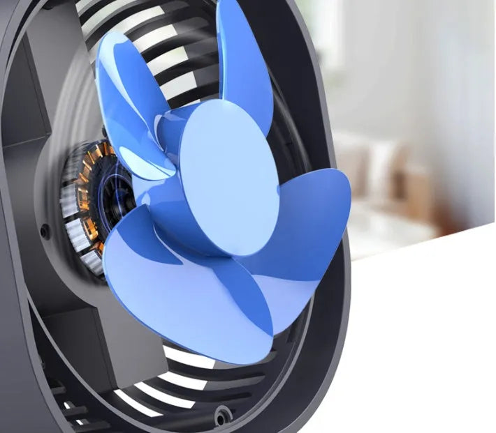 USB desk fan with alarm clock style and 360-degree rotating head in blue colour.