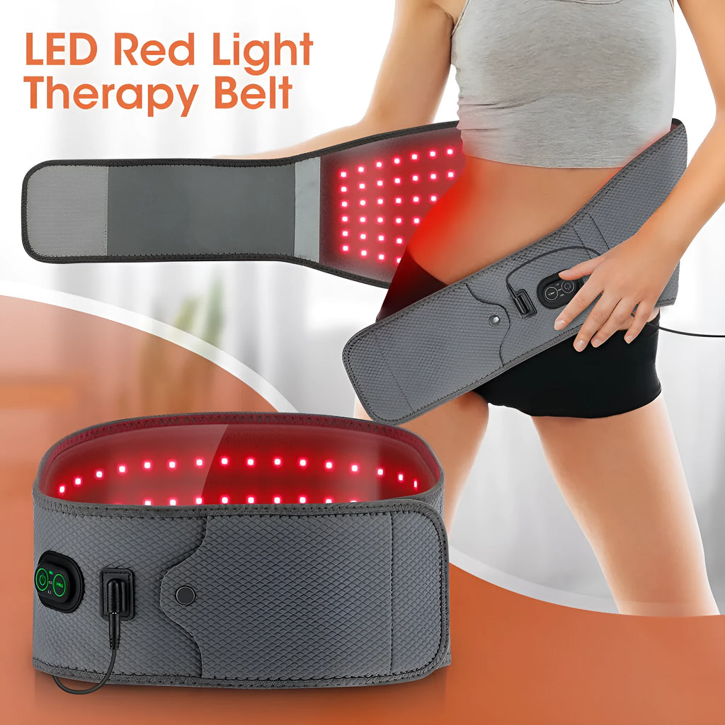 Grey neoprene physical therapy belt with red light therapy for waist support
