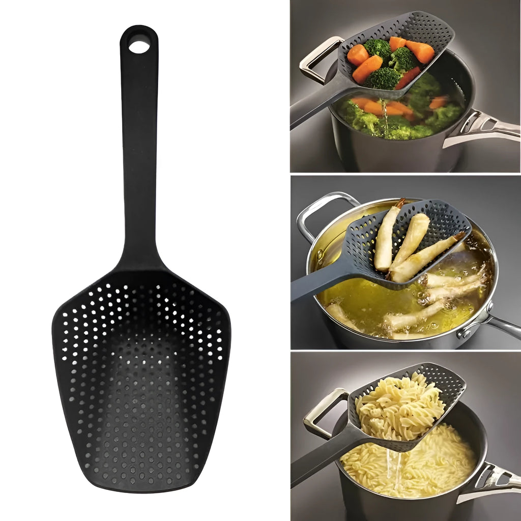 Large plastic kitchen colander strainer scoop in multiple colours for draining food.