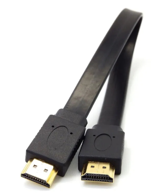 Flat black HDMI cable with male connectors on a white background