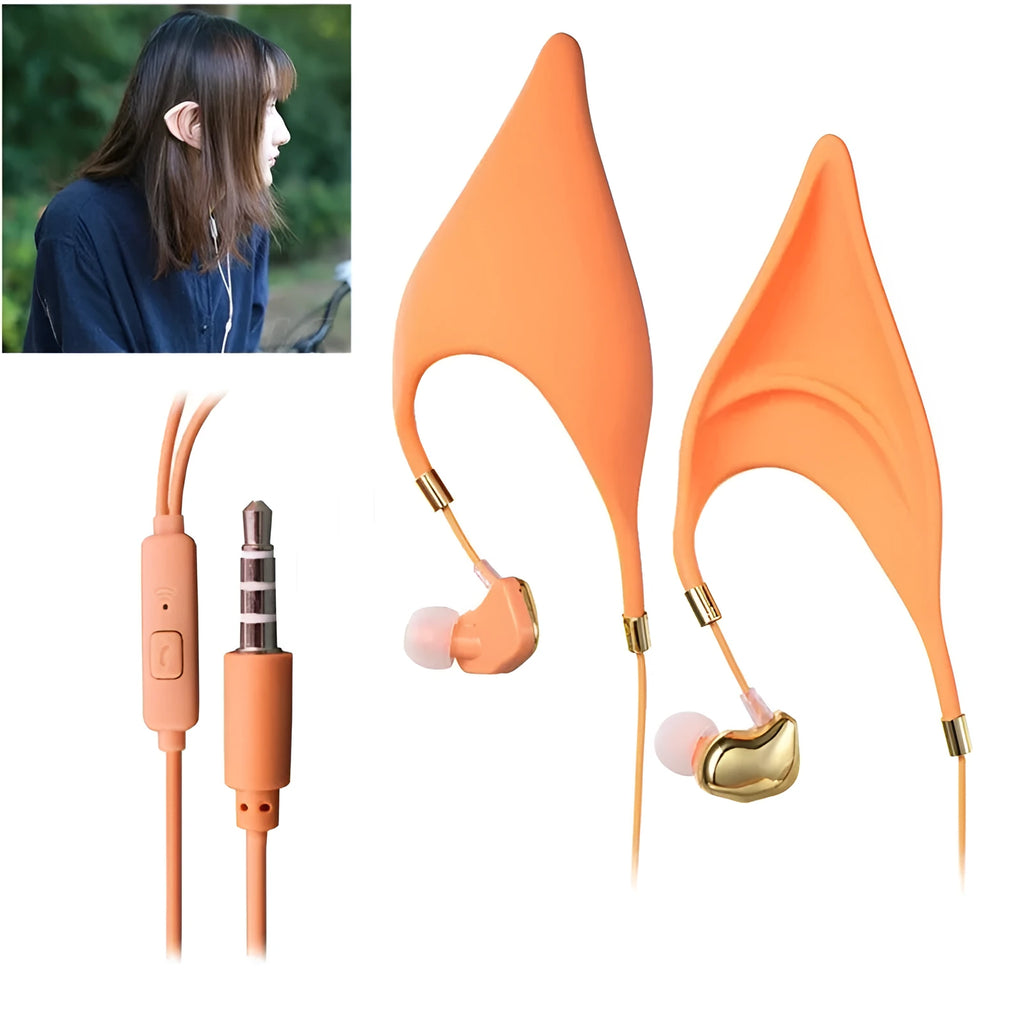 Cute black cartoon elf ear wired in-ear headphones with a built-in microphone and 3.5mm plug.