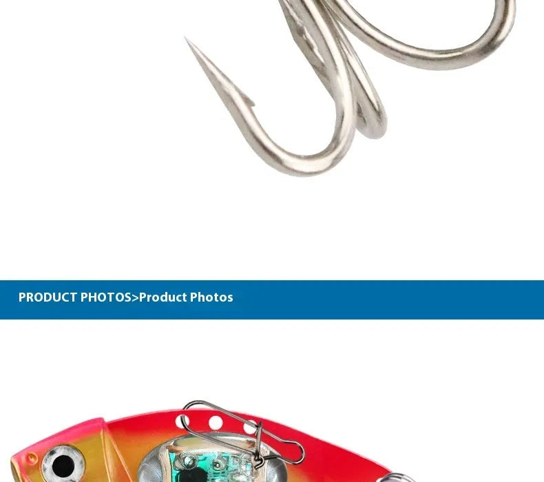 Luminous Metal Vib electronic fishing lure shown in blue body and red body colour options