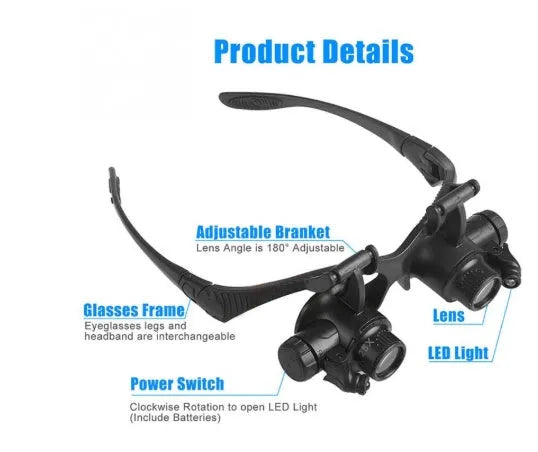 Black double eye magnifier glasses with LED lights and four sets of interchangeable lenses on a headband.
