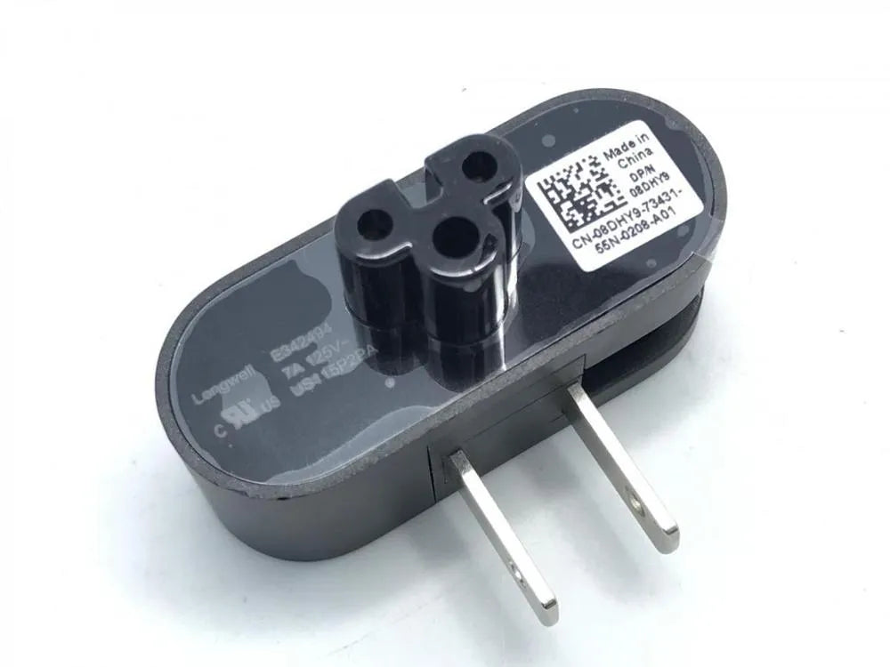 Black US notebook power head with a folding two-prong plug shown in straight and folded positions.