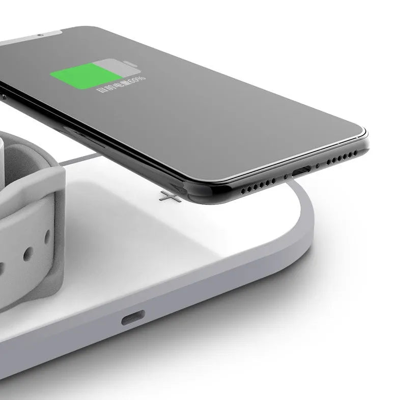 White three-in-one wireless charger for phone and watch with Type-C port and LED indication