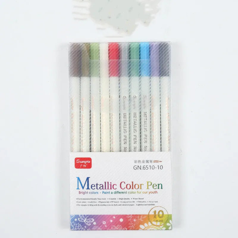 Card album metal pen set with plastic storage case containing multiple black barrel pens in various colours