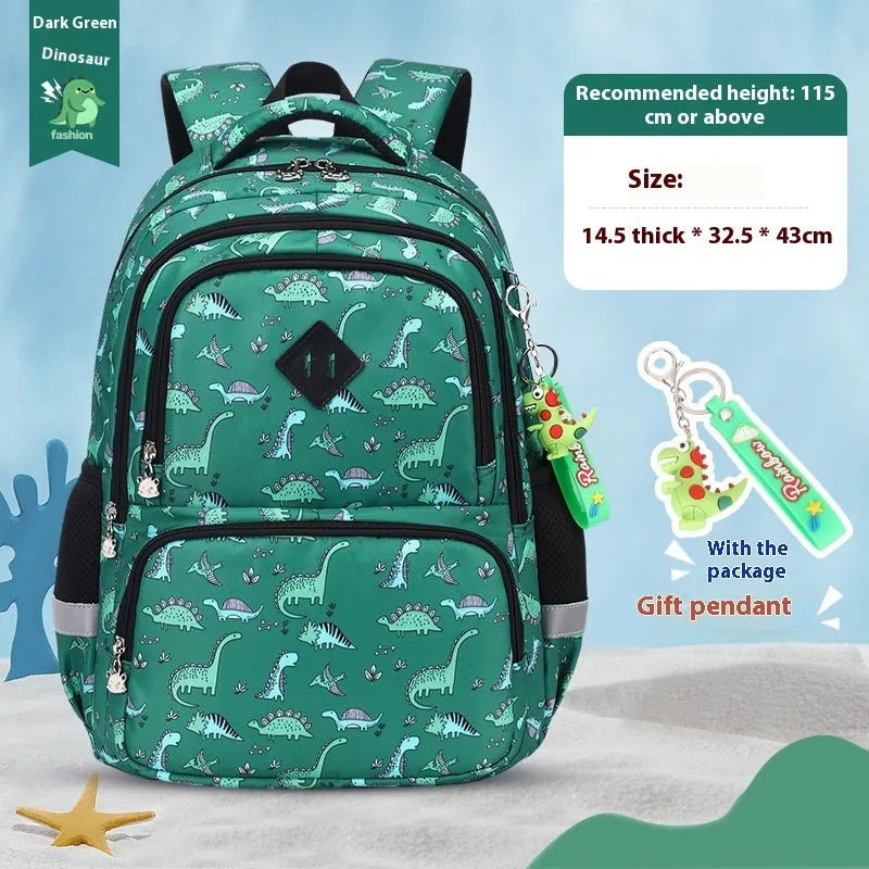 Blue children's waterproof school backpack with dinosaur pattern and curved shoulder straps.