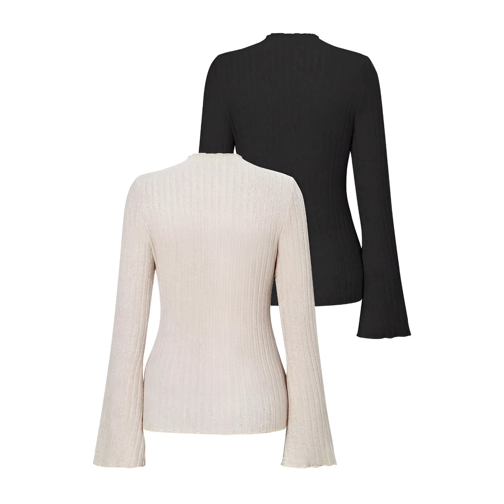 Long sleeve round neck slim fit top in black with lantern sleeves and a subtle sunken stripe pattern.