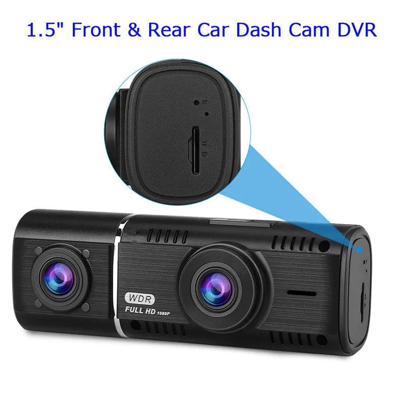 HD conjoined dual-lens car driving recorder in black with 170° wide angle and 12MP resolution on windscreen