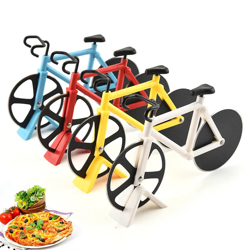 Bicycle shaped pizza cutter with stainless steel blade and ABS handle on white background