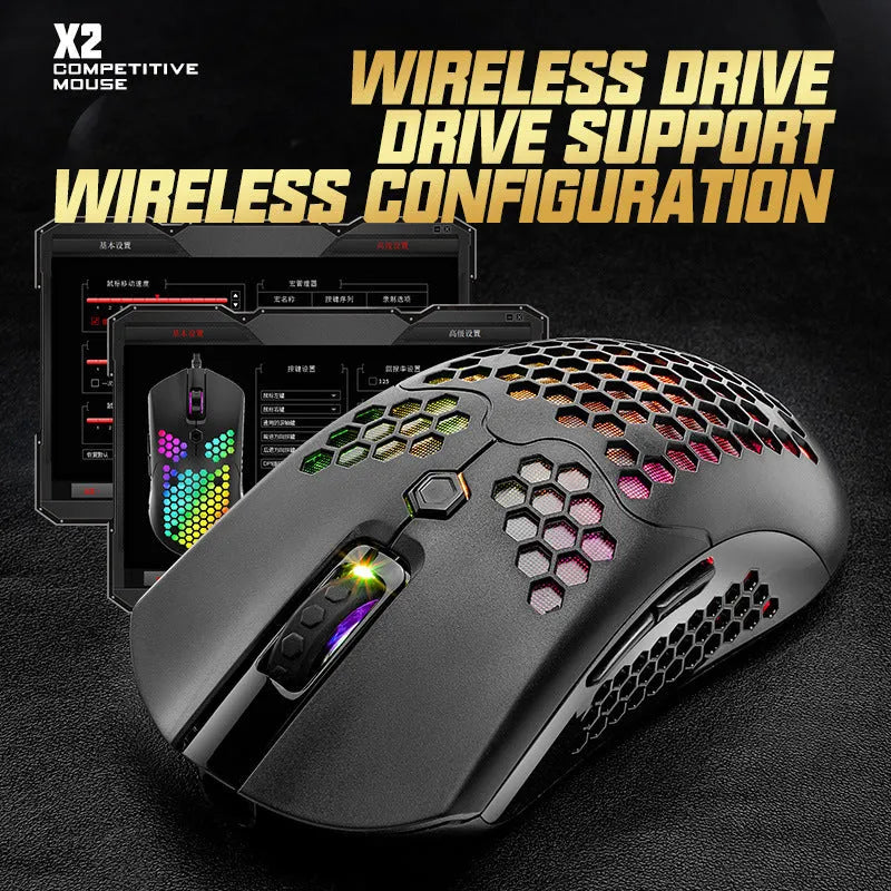 Free Wolf X2 wireless gaming mouse in black with RGB lighting lit, shown next to its USB-C cable and nano receiver.