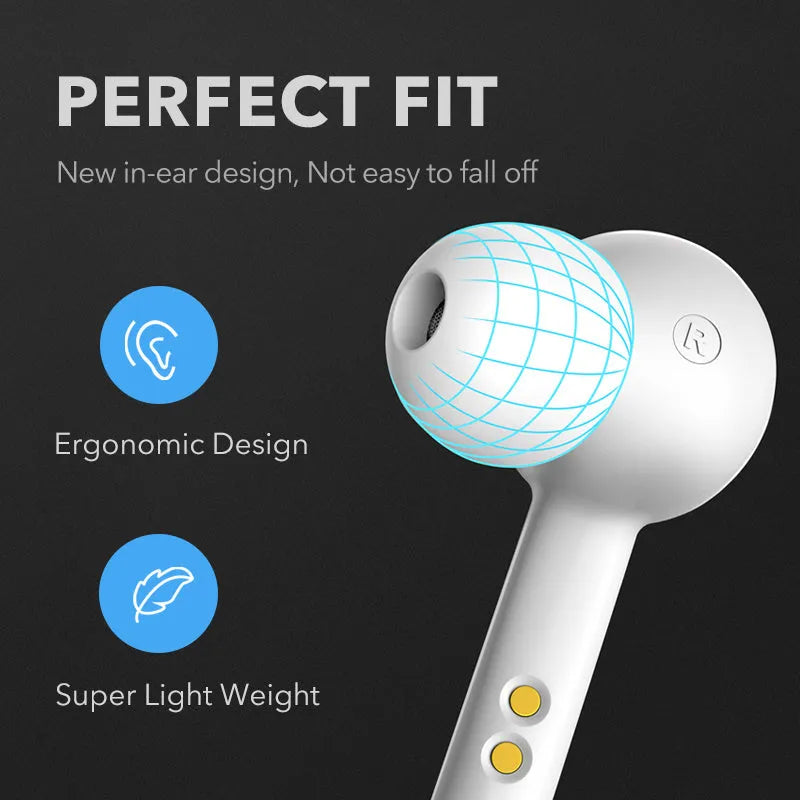 Black and white true wireless stereo earbuds with a compact charging case on a table.