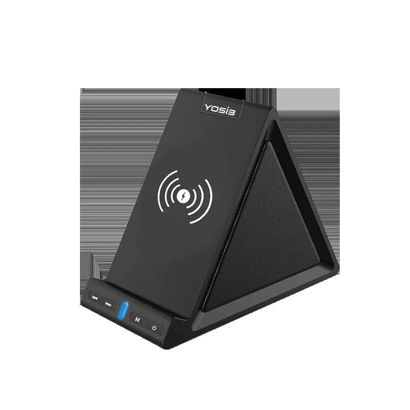 Black multifunctional Bluetooth speaker with integrated phone stand and wireless charging pad on top.