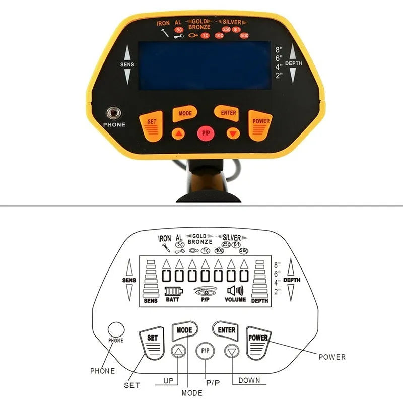 GC1028 black and yellow metal detector with LCD display and adjustable pole, showing waterproof search coil.