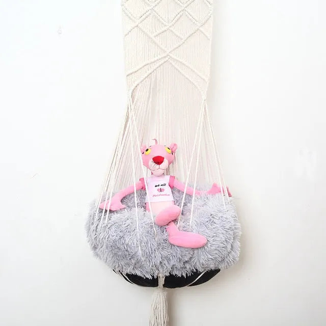 Handmade macrame pet swing cage rectangular plain pattern cotton rope hanging bed for cats