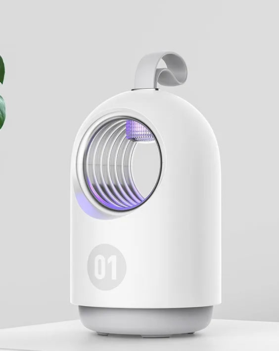 White and blue indoor mosquito killer lamp with UV light and silicone carrying handle