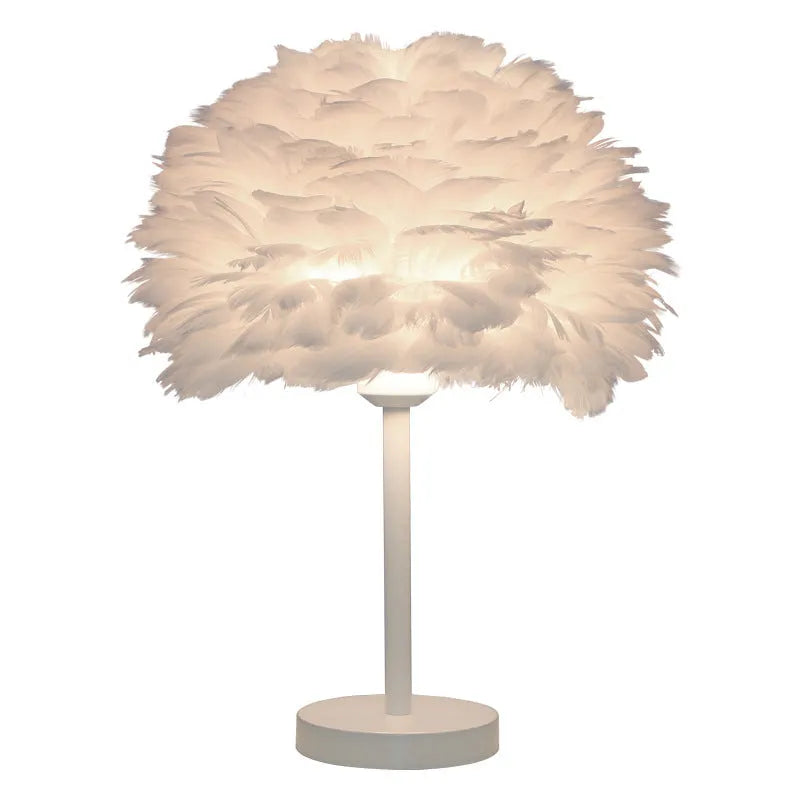 Handmade feather table lamp, about 30cm outer diameter, 40cm height, metal holder, 220V, white pink apricot or grey