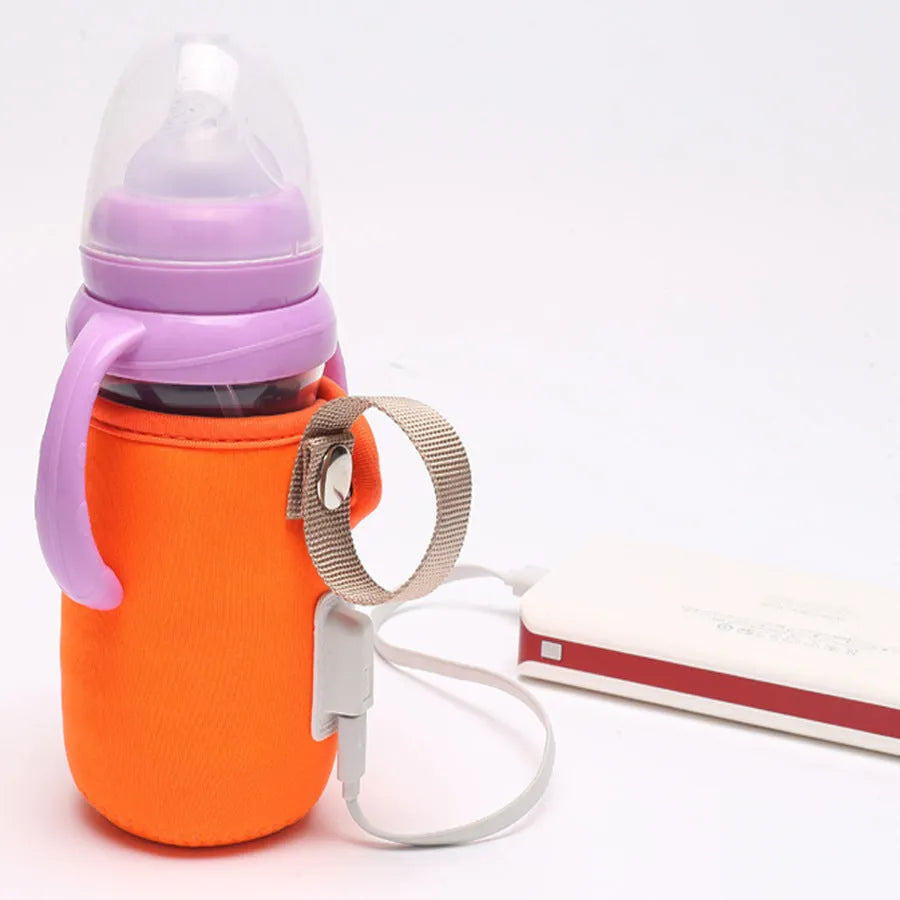 Orange and blue USB-powered baby bottle warmer wrap showing size and USB connector.