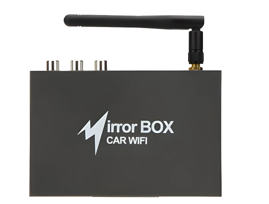 Black car mirror link box with power cable, AV cable, antenna, and user manual.