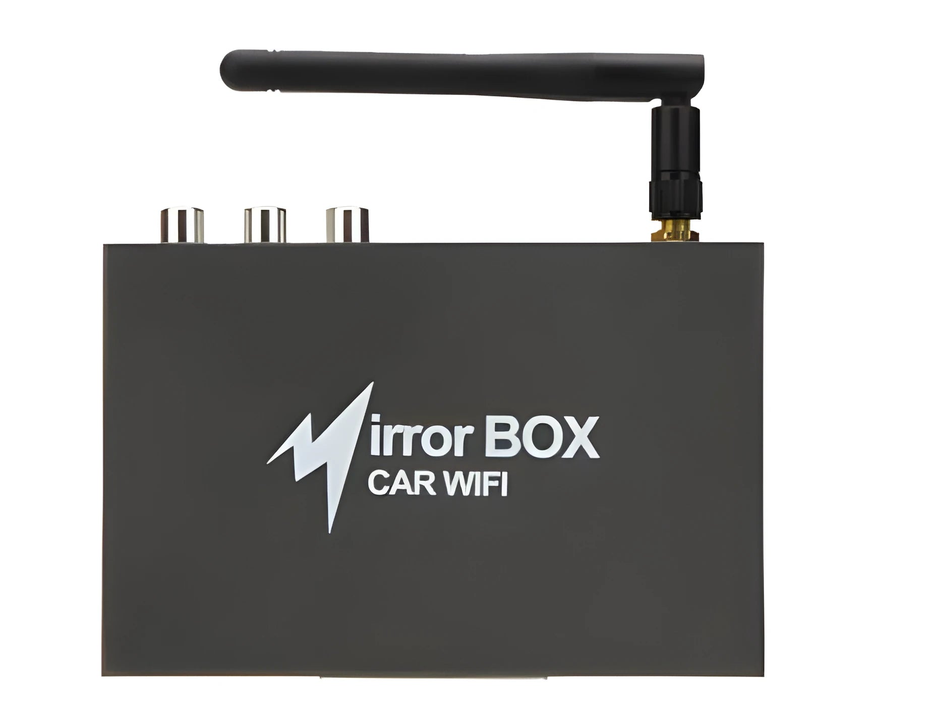 Black car mirror link box with power cable, AV cable, antenna, and user manual.