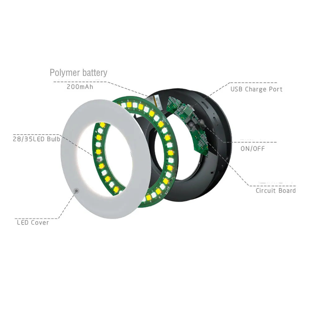 Compact black LED ring light for mobile phone photography with USB cable.