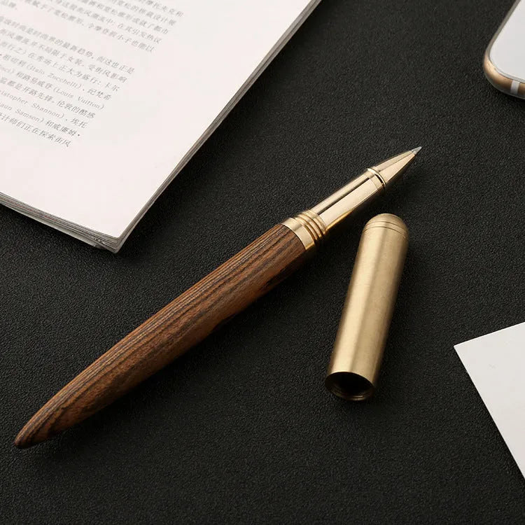 Brass sandalwood signature pen with solid wood barrel measuring 14cm long