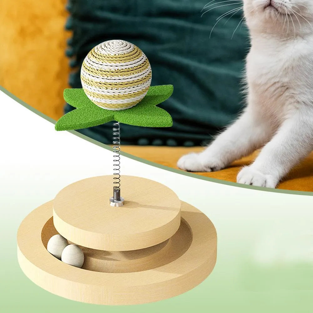 Green interactive cat toy centre with sisal scratching pad and multi-layer ball track.