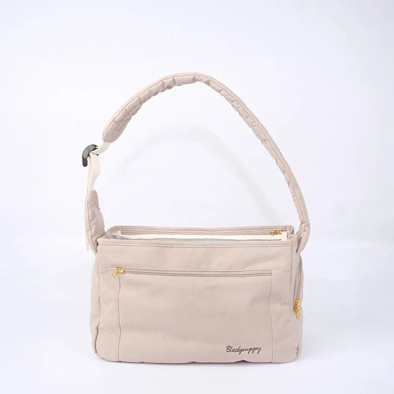 Soft surface large capacity pet messenger bag in black and beige with shoulder strap