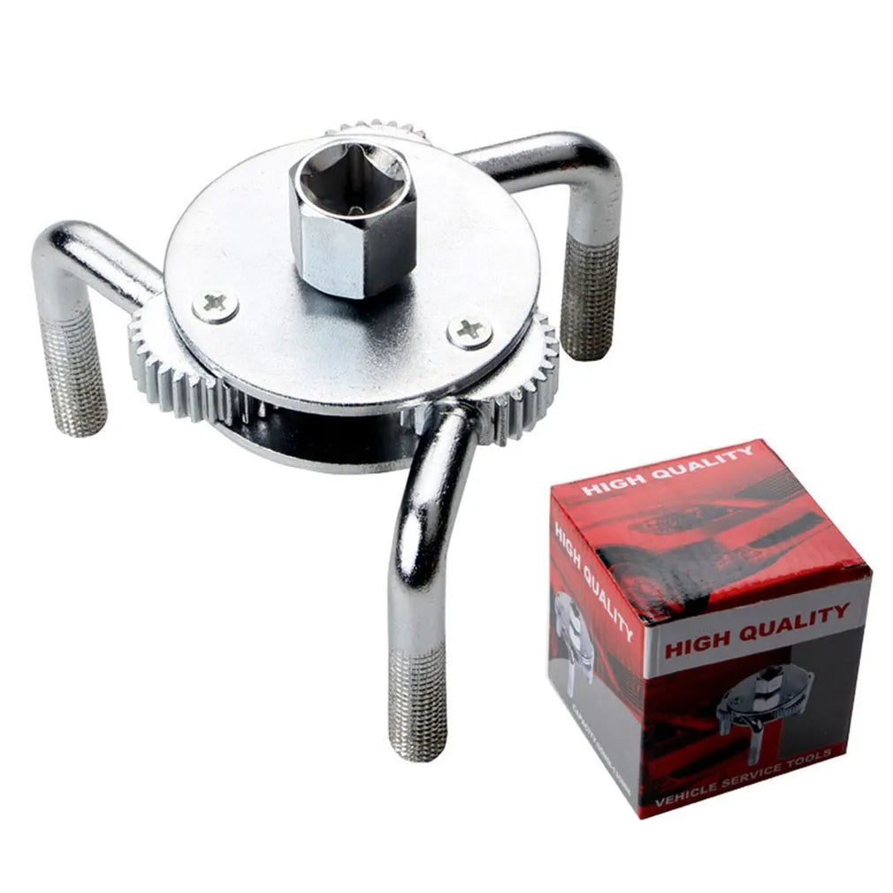 Silver round three-jaw oil filter wrench with frosted finish for metric filter elements