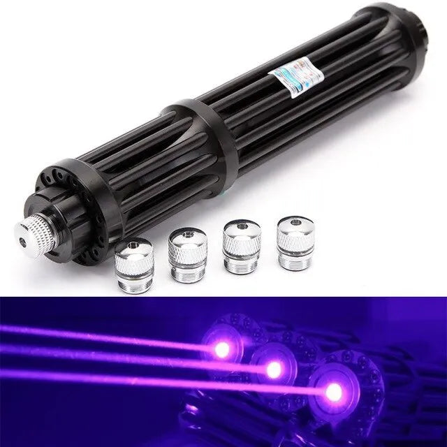 Black anodised aluminium laser torch with blue laser beam, showing tail switch and 168mm length.