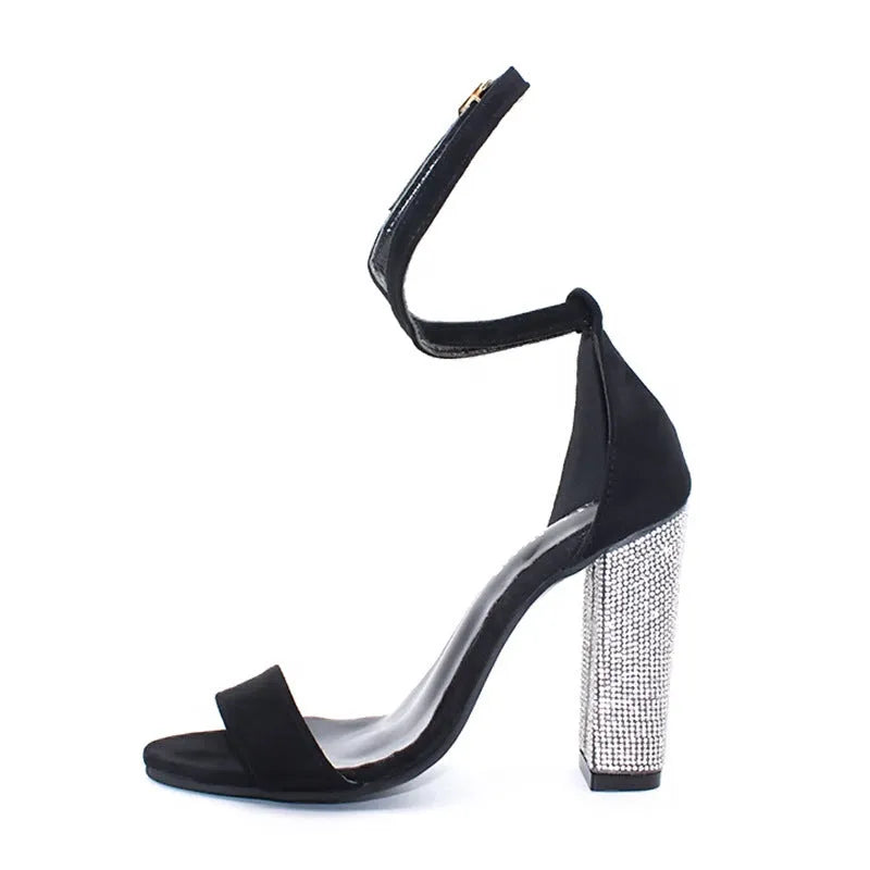 Rhinestone high heel sandals with cloth upper and rubber sole in black and gold, sizes 34 to 43